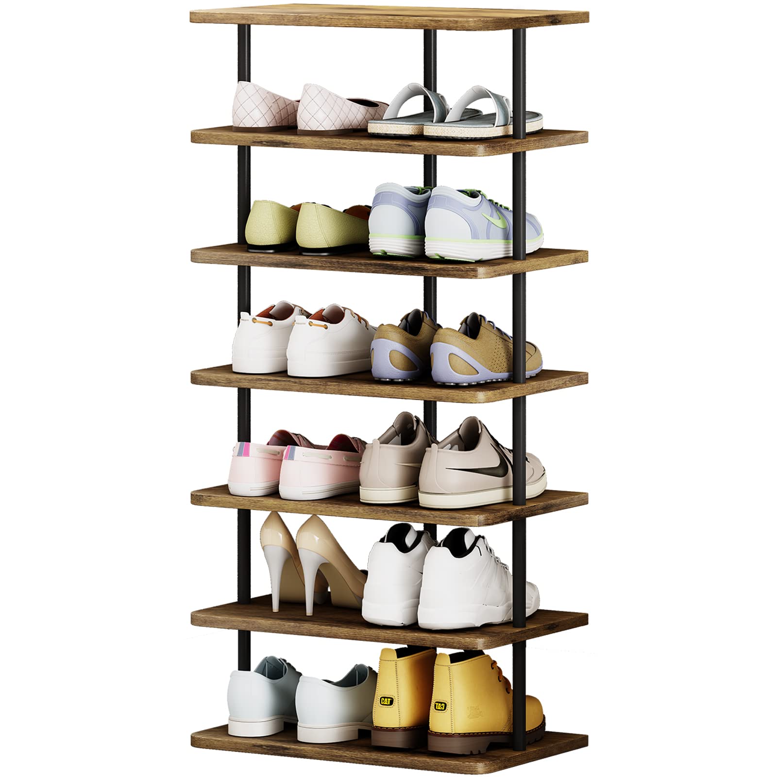 Photo 1 of AZERPIAN Shoe Rack 7 Tier Vertical Storage Organizer Double Row Narrow Metal Slim Shelf Modern Free Standing Shoe Tower Saving Space for Closet Entryway Bedroom,Black+Rustic Brown