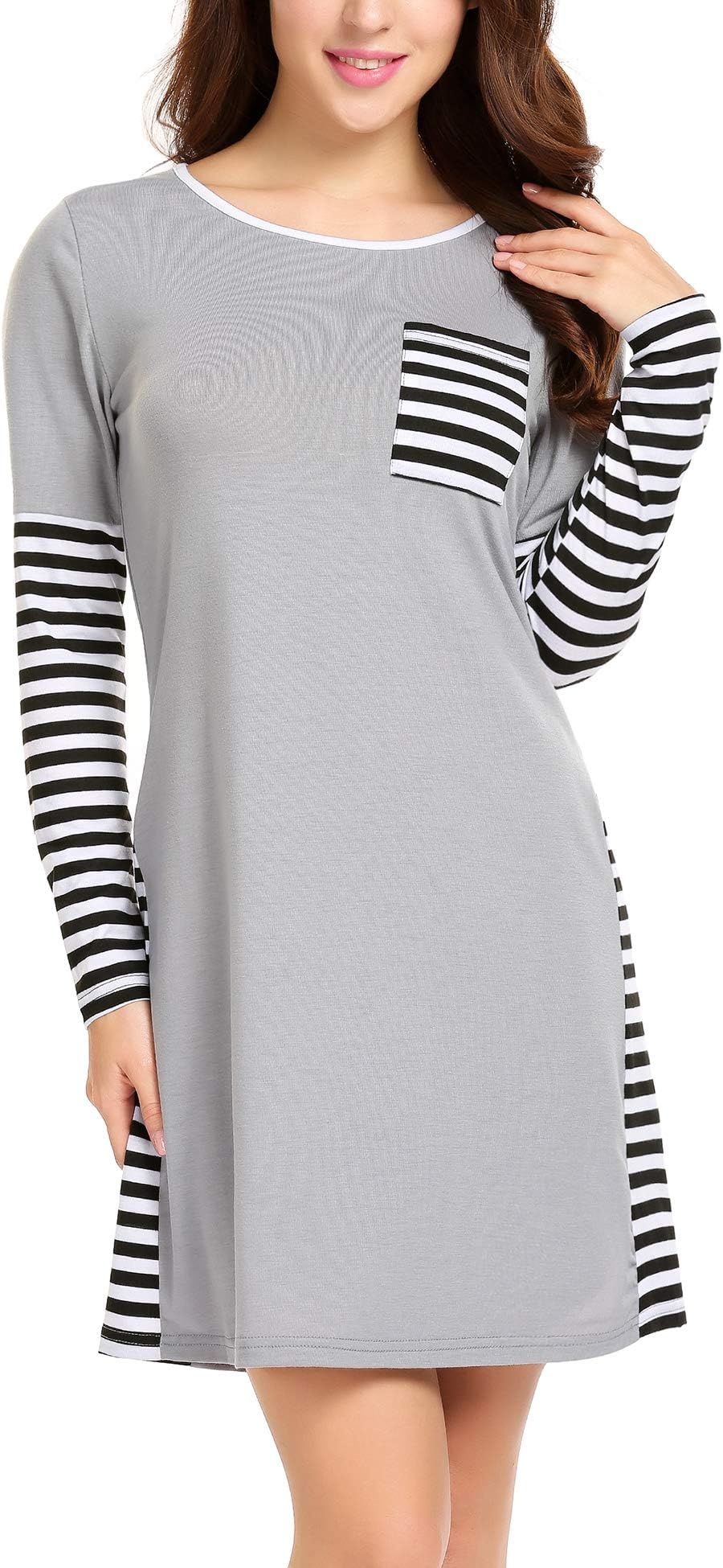 FineFolk Women's Stripe Sleep Shirt Long Sleeves O Neck Nightgown Soft Sleepwear Clearence (S-XXL)