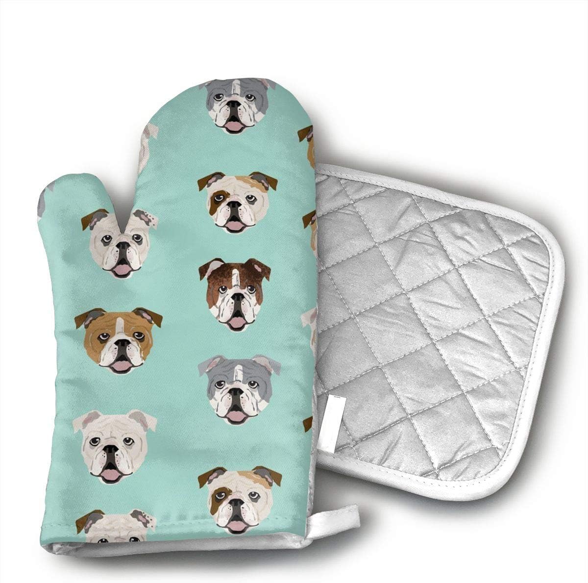 Ubnz17X English Bulldog Faces Oven Mitts and Pot Holders for Kitchen Set with Cotton Non-Slip Grip,Heat Resistant