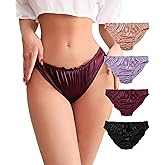 abandi Satin Bikini Panties for Women, Frill Trim Ruched Cheeky Underwear, Low Rise Shiny Panties Silky Bikini Briefs