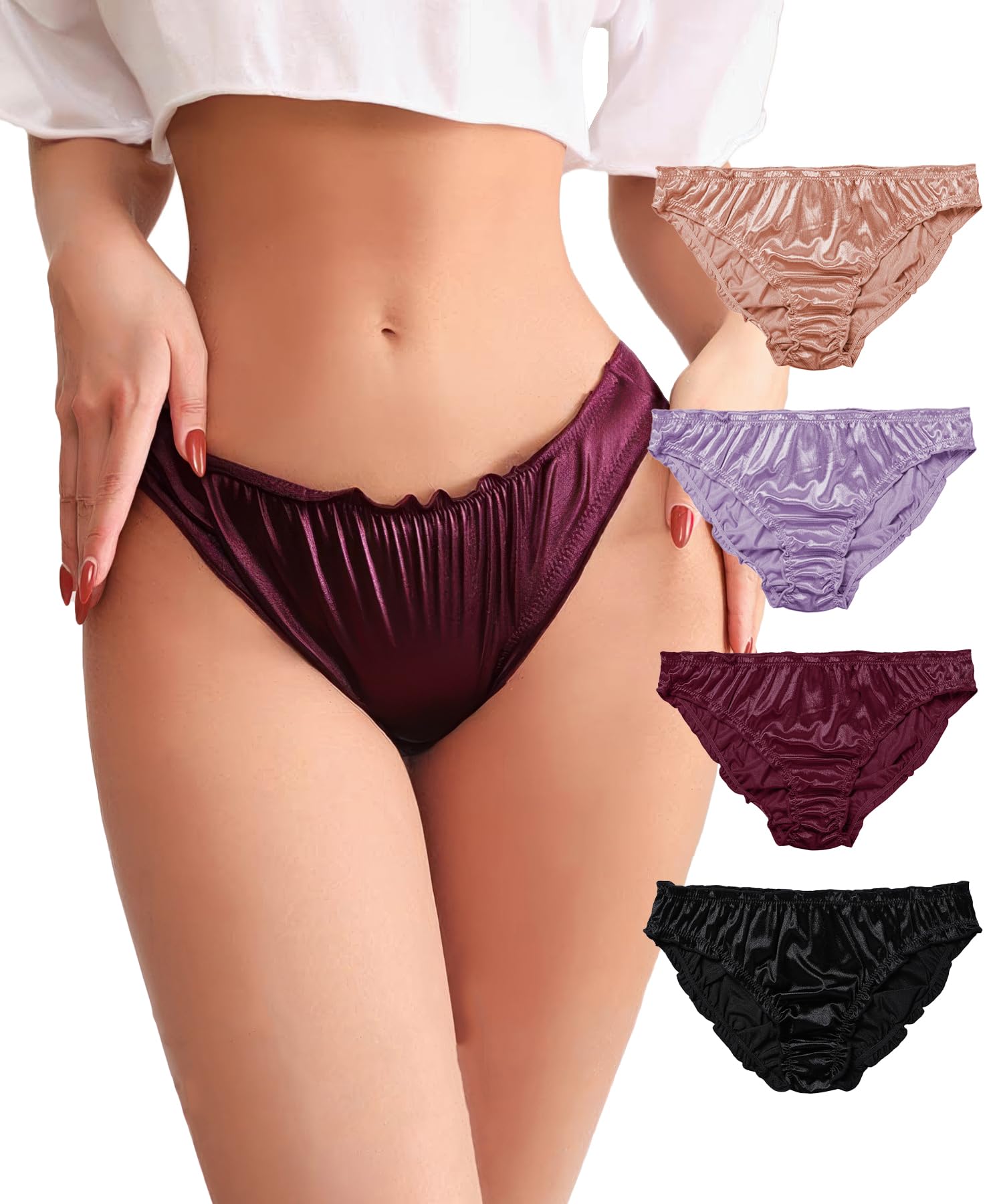 Photo 1 of abandi Satin Bikini Panties for Women, Ruched Cheeky Underwear, Low Rise Shiny Panties Silky Bikini Briefs, Black Size L