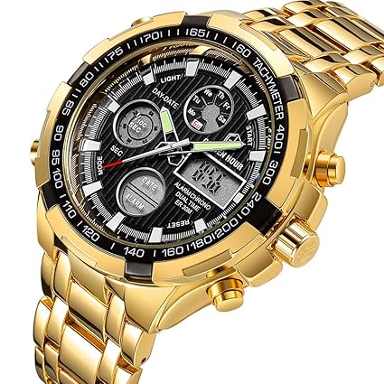 Luxus Mode Herren Uhren Edelstahl Schwer Klobig Sport Chronograph Wasserdicht Gold Zweifarbig Datum Alarm Multifunktions Anal