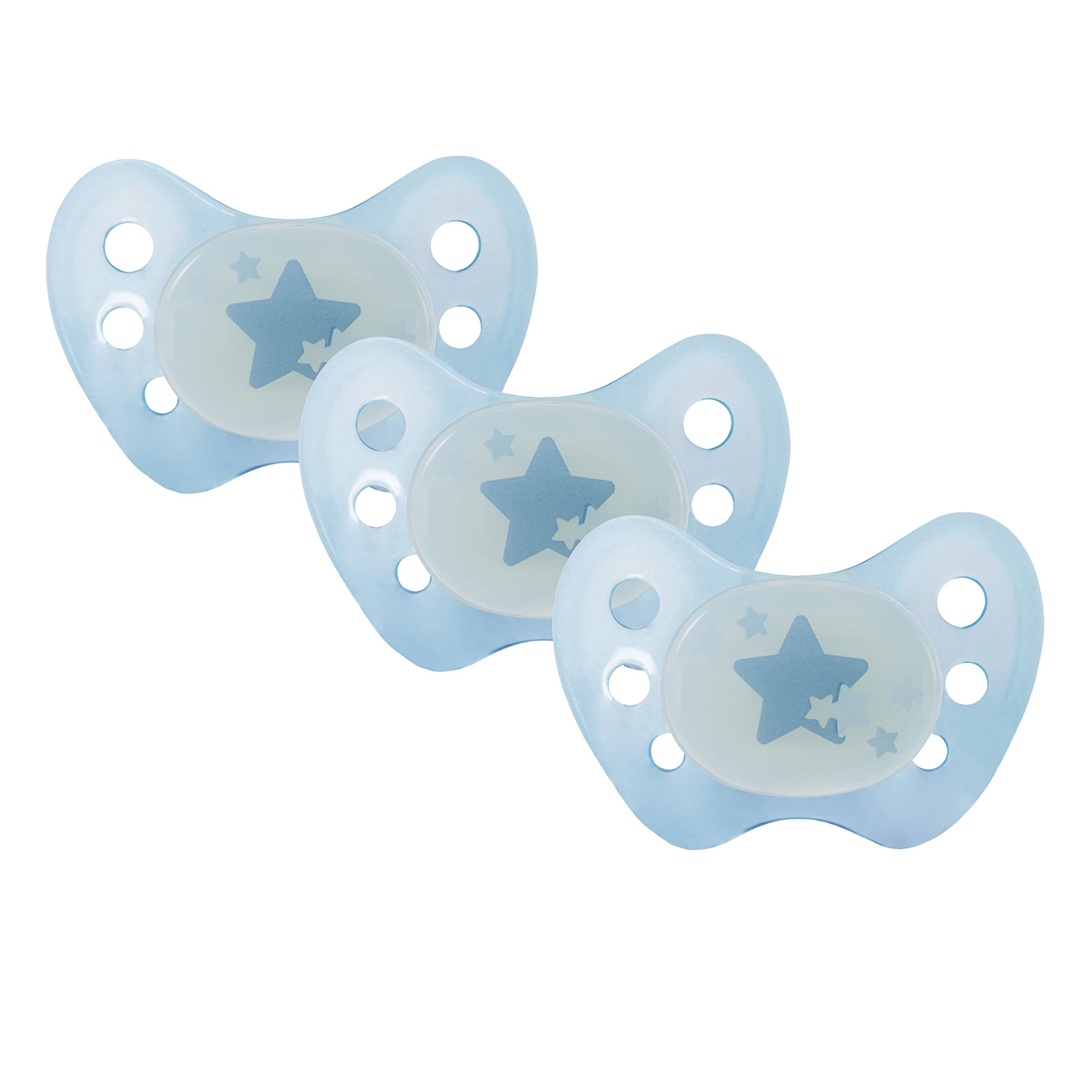 dentistar Night Silicone Soother Set of 3 - Size 1, 0-6 Months - Silicone Soother with Dental Step - Glow in The Dark Baby Dummy - Made in Germany - Star, Blue