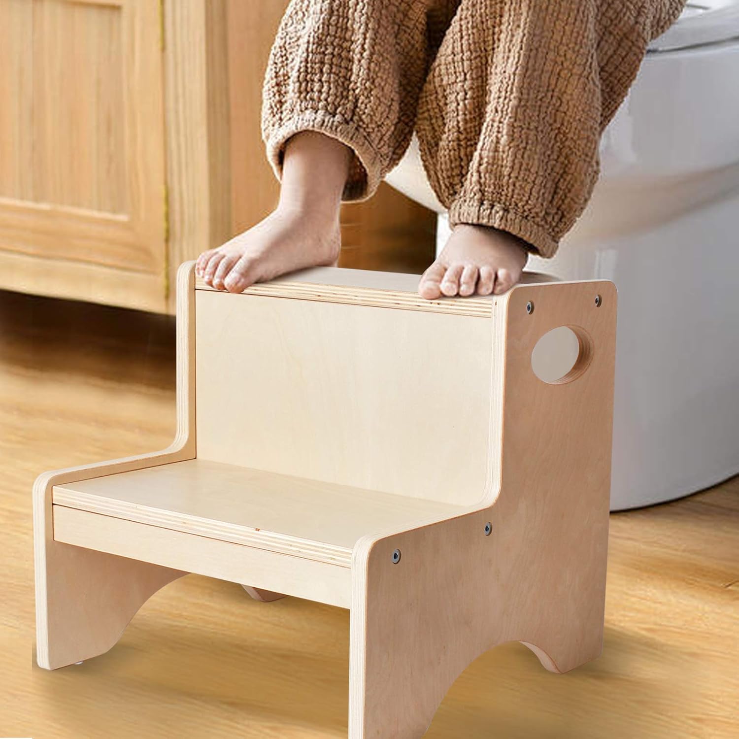 Wooden Log Toddler Step Stool for Kids Adults Footstool Slip Resistant Proof with Portable Handle Washroom Toilets Lavatory Kitchen Washing Hands Fetching Reach High Potty Training : Baby
