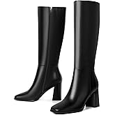 vivianly Knee High Boots Women Leather Square Toe Chunky Block Heel Tall Boots with Side Zipper Comfortable Fashion Long Dress Boots