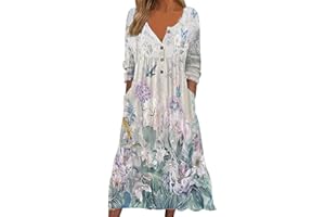 ZEFOTIM Summer Dresses for Women 2024 Long Sleeve Floral V Neck Maxi Dress Casual Fashion Beach Dresses