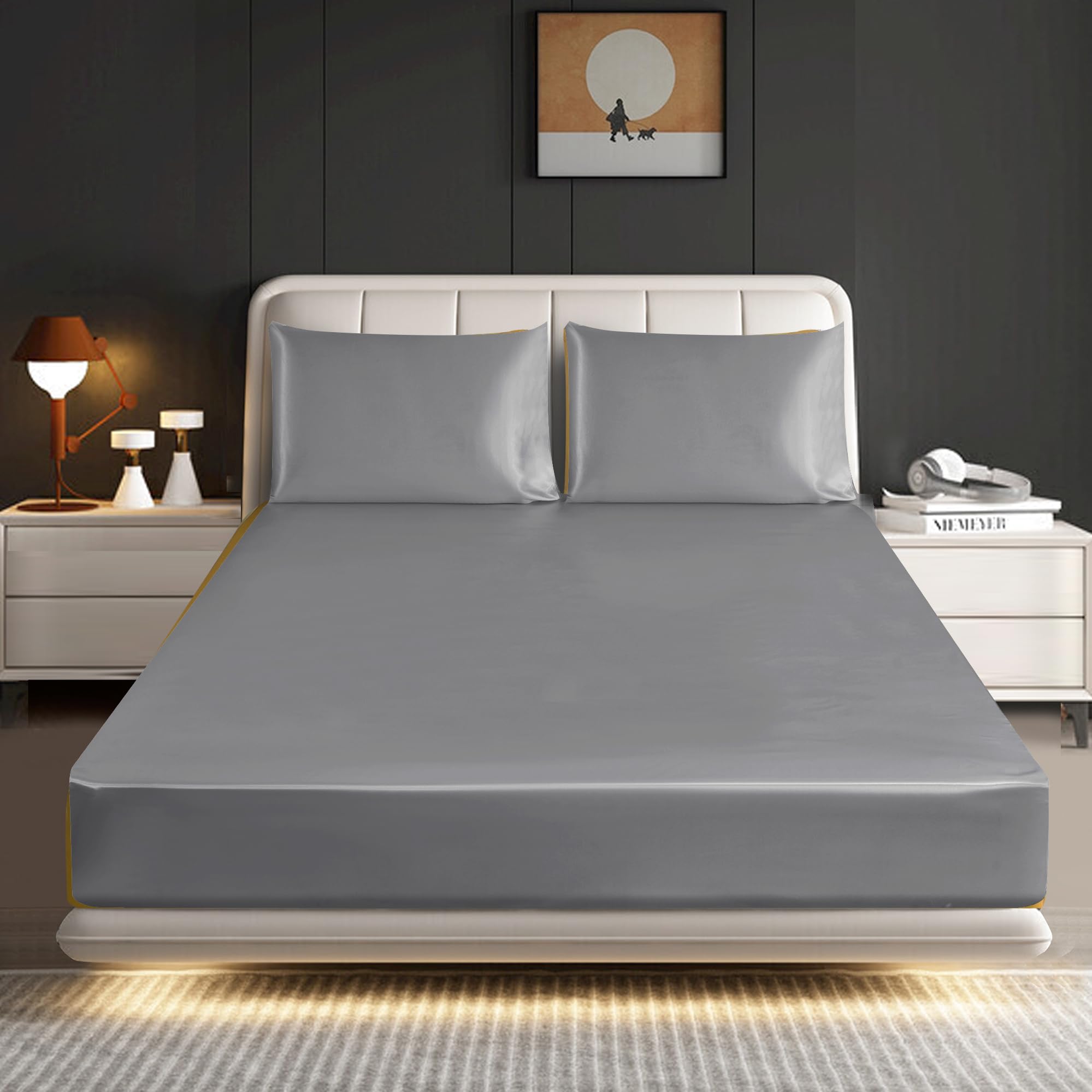 ROOEE Satin Silk Fitted Sheet with Pillowcase Set Breathable Soft Bedding Brushed Fabric Wrinkle, Shrinkage and Fade Resistant Bottom Bed Sheets (SILVER, King)