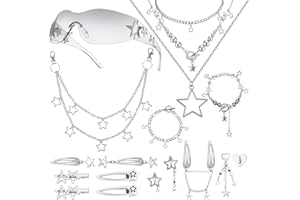 FINGERTIP WD Y2k Accessories Set Included Star Y2k Silver Necklace Grunge Layered Necklace Y2K Sunglasses Star Hair Clip Y2k Silver Hair Clips Keychain Hip Hop Pants Chain Vintage Jewelry Set for Women