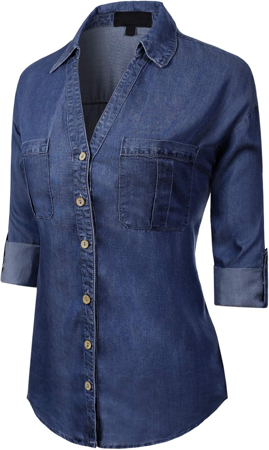 MixMatchy Women's Long Sleeve Solid Split Neck Tencel Button Down Shirt Blouse: Clothing