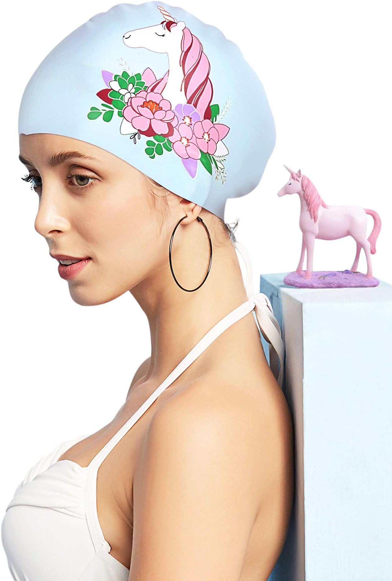 FUNOWN Silicone Swim Cap for Women, Waterproof Long Hair Swimming Caps Special Printed 3D Ergonomic Design Comfortable Fit Silicone Swim Caps Swimming Cap for Dreadlocks