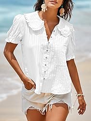 Tankaneo Womens Puff Sleeve Shirts Peter Pan Collar