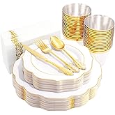 NOCCUR 175PCS Gold Plastic Plates with Disposable Silverware - White Gold Plastic Tableware Include 25 Dinner /25 Dessert Plates, 75 Cutlery, 25 Cups, 25 Napkins - Ideal for Party/Wedding