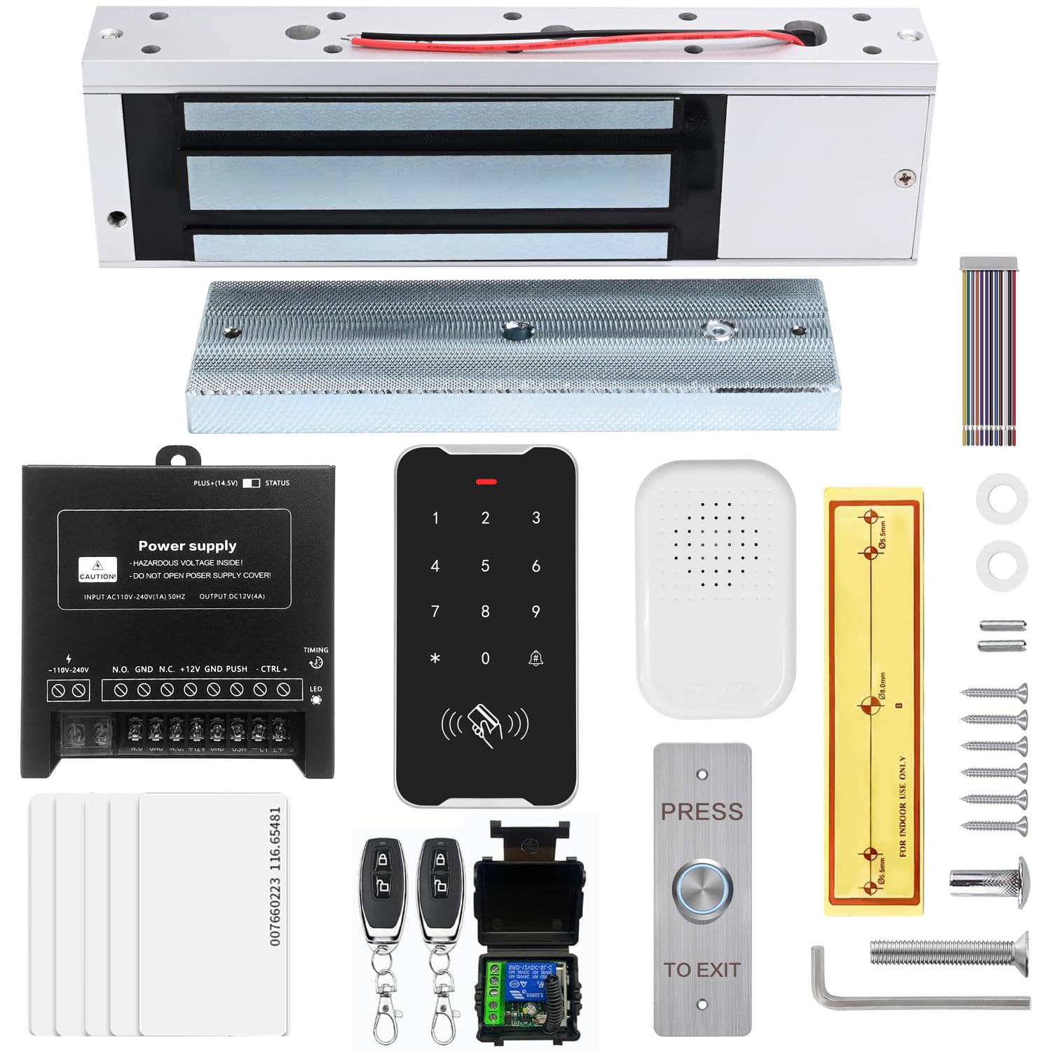 Photo 1 of Door Access Control System Kit Set with 1200lbs Electric Magnetic Lock, RFID Keypad, Remotes,DC12V/5A Power Supply, Push to Exit Button, RFID EM ID Card (C60-1200LBS Access Control System Kits)