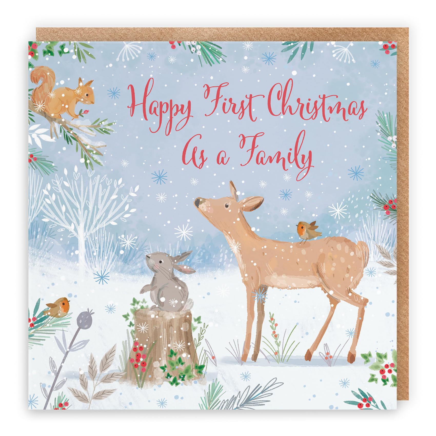 Hunts England - Cute Deer First Christmas As A Family Card - Nature's Treasures - 1st Family Christmas - Happy Animal Wildlife Fun Merry Xmas Card - New Family With Baby - Robin, Rabbit, Squirrel
