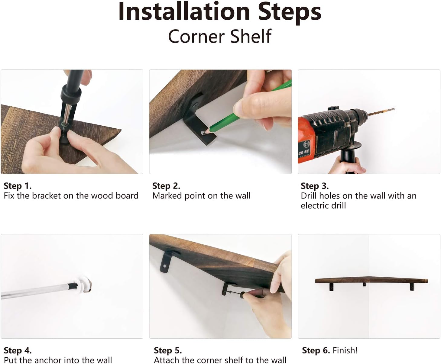 Mkono Corner Wall Shelf 3 Set Wood Floating Shelves with Brackets Rustic Organizer Displays Storage Rack Home Decor for Living Room Bedroom Bathroom Kitchen, Dark Brown: Furniture & Decor