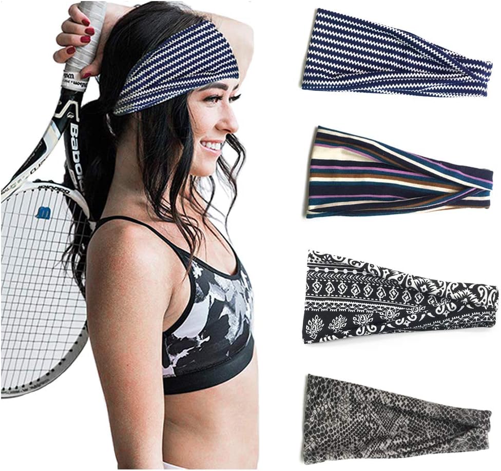 YEESEE 4 Pack Headbands Vintage Elastic Printed Head Wrap, Stretchy Hairband, Hair Hoop, Headband Bandana for Outdoor Sports, Yoga, Gym, Daily Dressed, Cute Hair Accessories