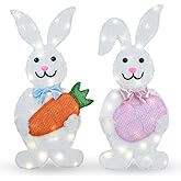 Outdoor Easter Bunny Yard Decorations, Lighted Metal Bunny Decor Set of 2, 30 Inch, Plug-in Pre-Lit LEDs for Lawn Garden Front Porch