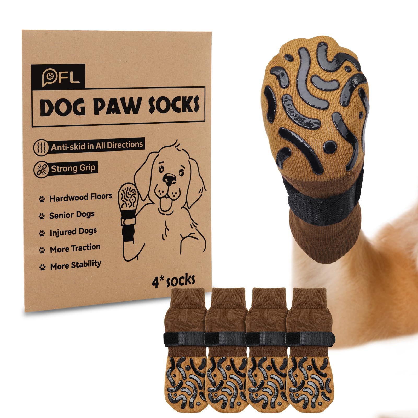 Anti Slip Dog Socks Paws Stop Licking, 2 Pairs Dog Paw Protectors With Grips Strong Traction, Adjustable Dog Boots Shoes for Senior Dogs Hardwood Floors Indoor Walking (Brown, XL)