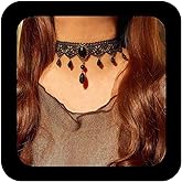 Iaceble Gothic Lace Choker Necklace Black Lace Gem Necklace Vintage Black Crystal Pendant Necklace Halloween Party Custume Necklace Jewelry for Women and Girls