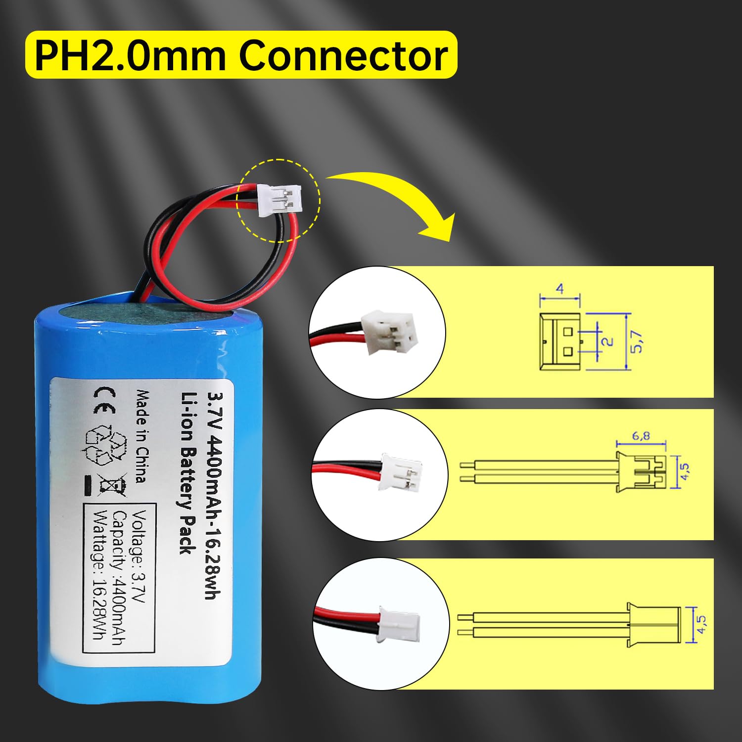 Qimoo 3.7V 4400mah-16.28Wh Rechargeable Battery Pack Lithium Ion Batteries with PH2.0mm Connector for DIY Electronics Products, Toys, Lighting, Bluetooth Equipment