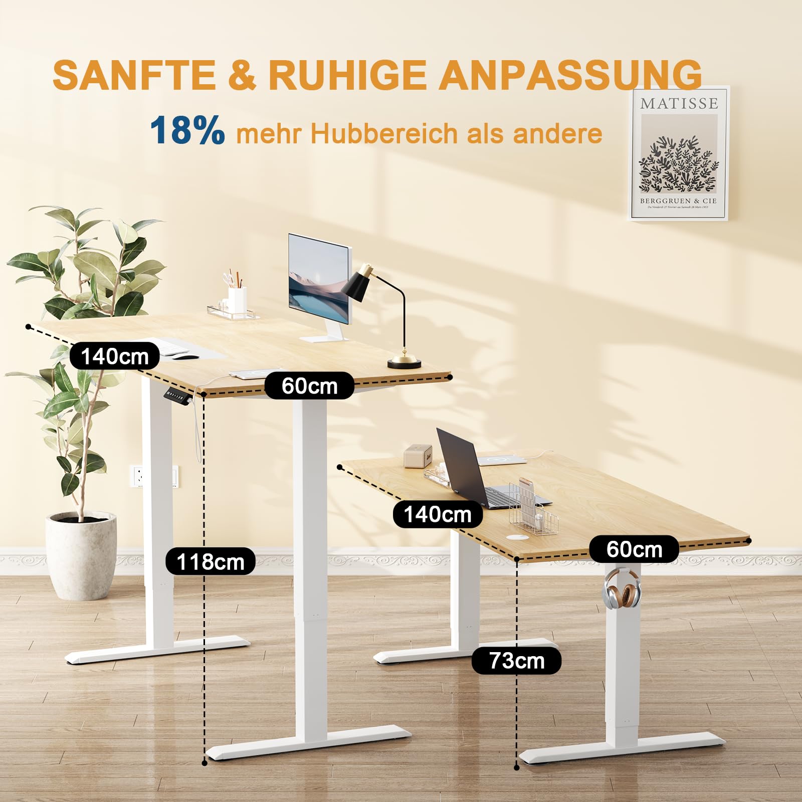 Flamaker Höhenverstellbarer Schreibtisch Ganze Tischplatte 140 x 60 cm Elektrischer Schreibtisch Höhenverstellbar für Steh-Sitz, Computertisch mit Memory-Funktion,Standing Desk,Beige 3