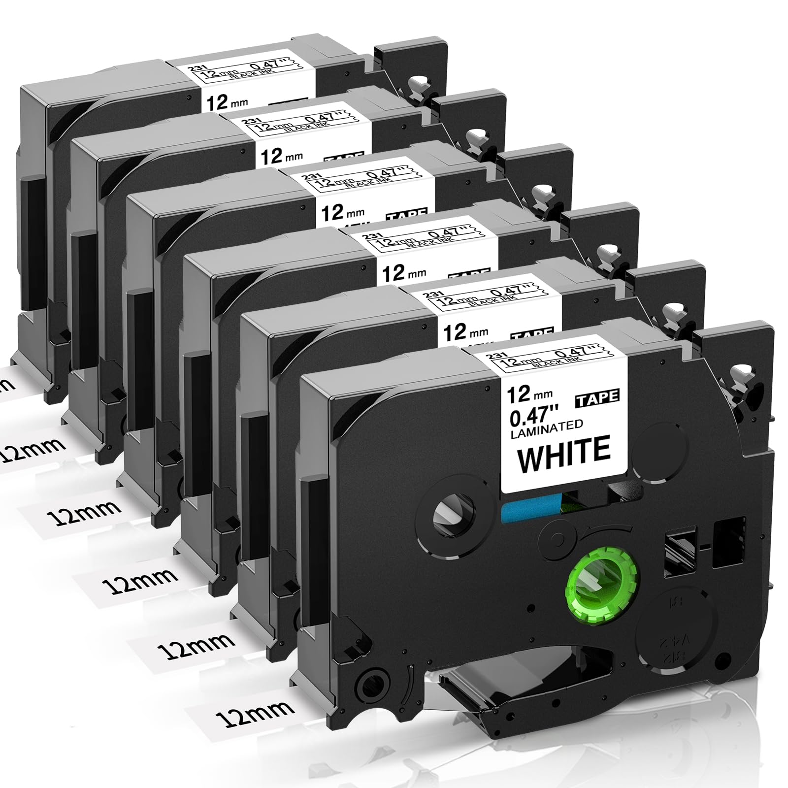 6 x Brother P Touch Tape 12mm 0.47 Laminated TZe-231 TZ231 Labelling Tape Cassette for Brother PT-H110 H101C 1000 PT-D210VP - Black on White