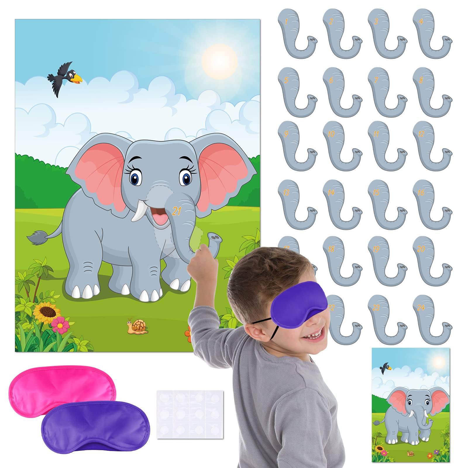 ELECLAND Pin the Nose on the Elephant Party Game for Kids, Birthday Party Decorations, Carnival Circus Party Supplies, Animal Party Decorations
