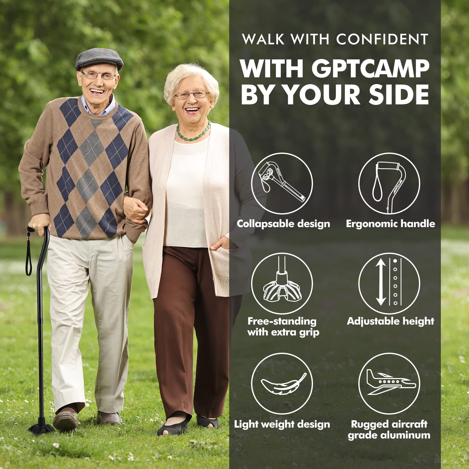 GPTCAMP G1 Walking Stick, Walking Cane for Women & Men with Wrist Strap, Lightweight & Sturdy Offset EVA Handle, Large Quad Base, Self Standing for Seniors and People with Injuries & Recovery