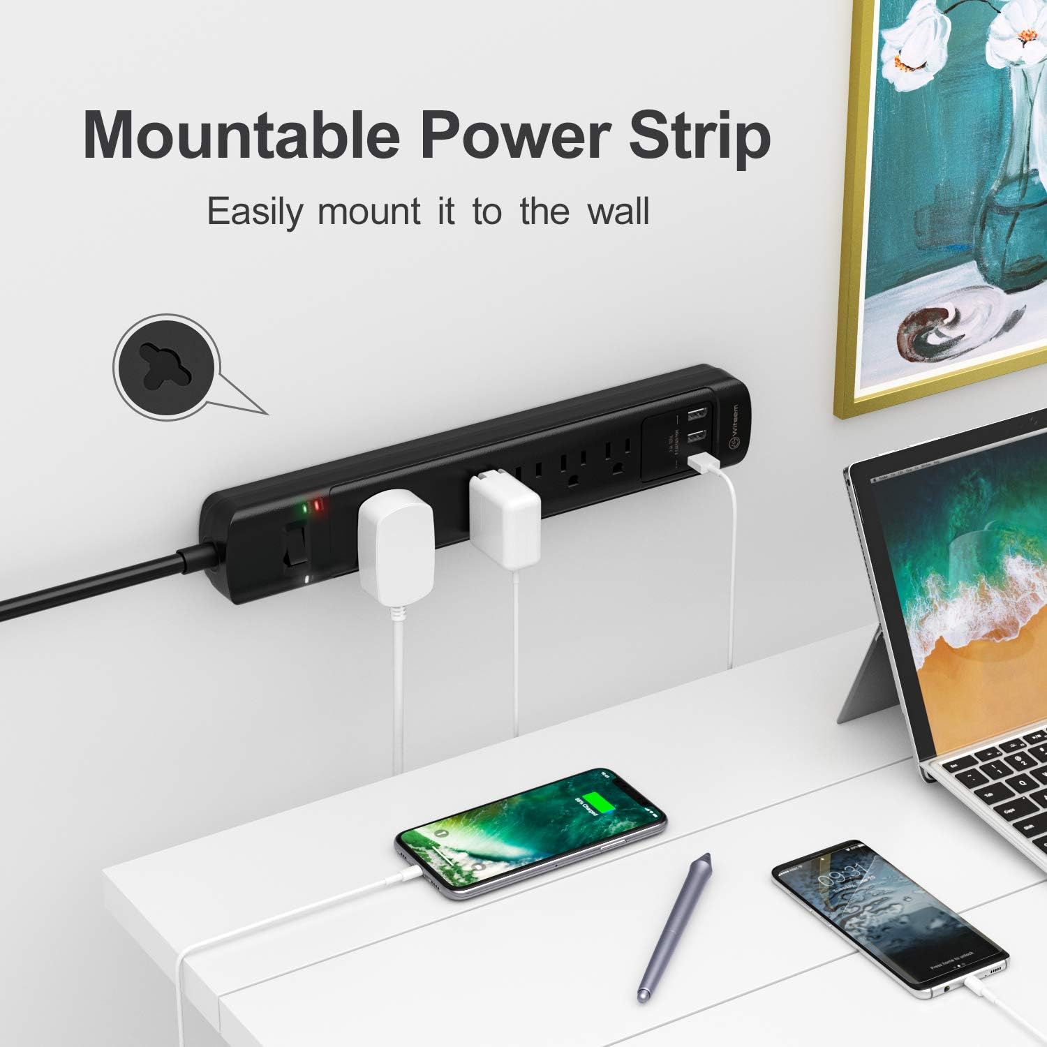 Surge Protector with USB Ports, Witeem Power Strip 5 Outlets and 3 USB Ports, 5V/3.4A Flat Plug, 2100 Joules, 6 Feet Long Extension Cord for iPhone iPad PC Home Office Travel, ETL Listed, Black: Home Audio & Theater