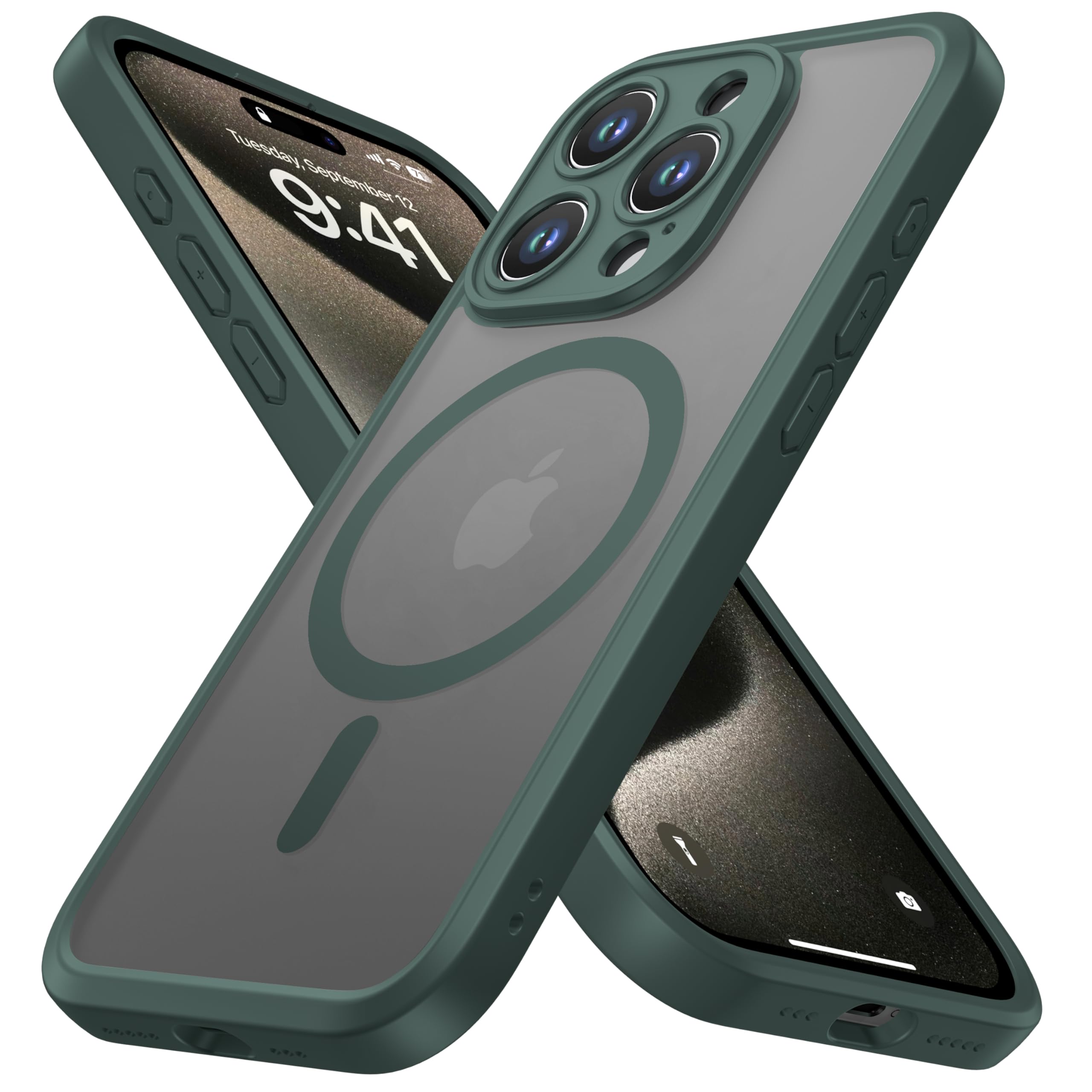 Photo 1 of ImpactStrong Magnetic Guard Designed for iPhone 15 Pro Max Case [Camera Protection] [Military Grade Drop Tested] [Compatible with MagSafe] Slim Translucent Matte Phone Case (6.7") - Dark Green