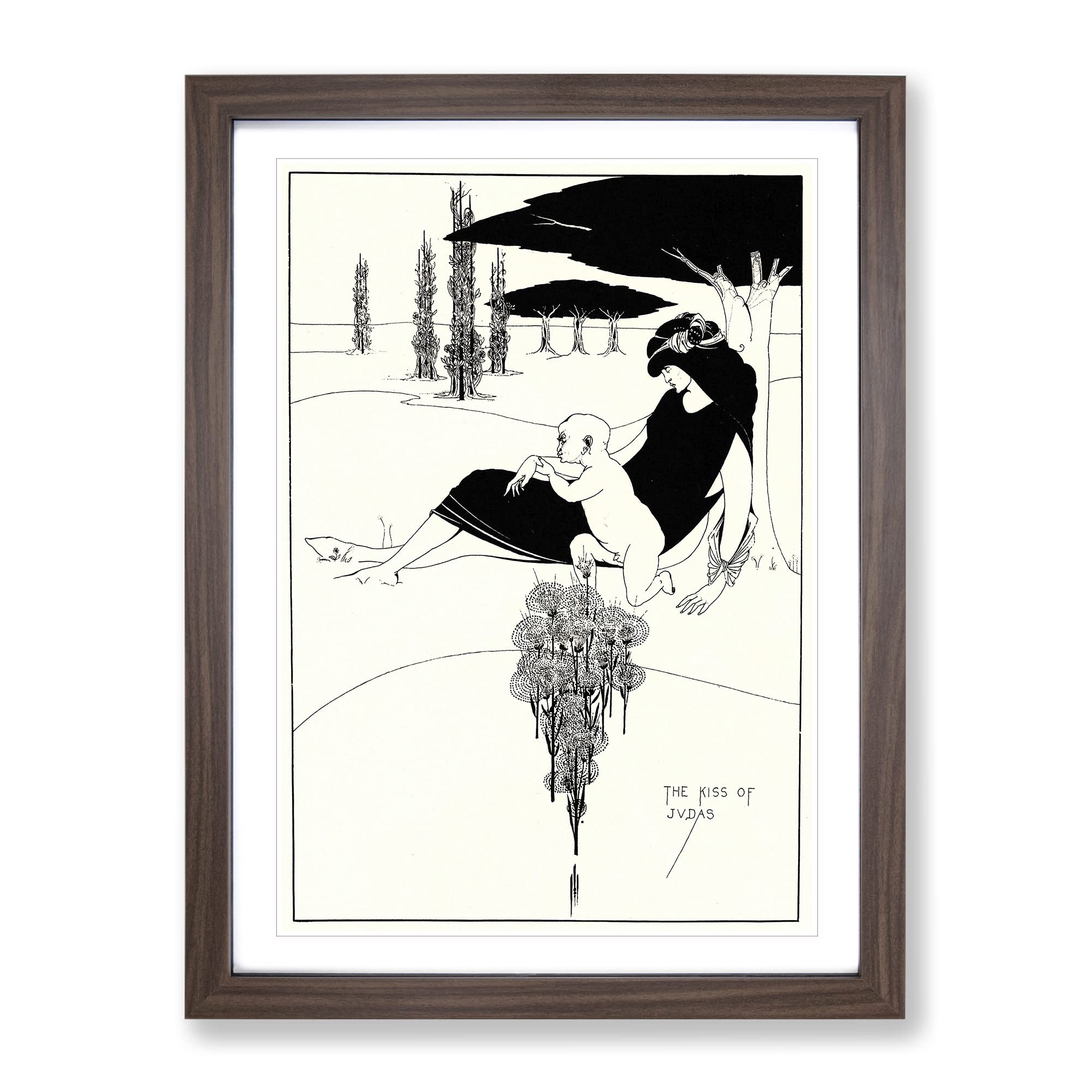 The Kiss Of Judas By Aubrey Beardsley Classic Painting Framed Wall Art Print, Ready to Hang Picture for Living Room Bedroom Home Office Décor, Walnut A3 (34 x 46 cm)