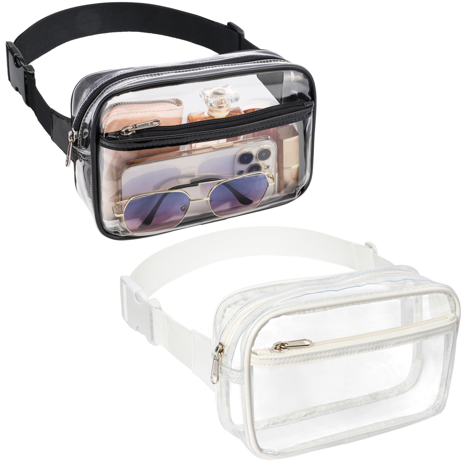 Veckle Clear Fanny Pack - Clear Belt Bag Stadiuim Approved for Women Large Transparent Waist Bag Crossbody with Adjustable Strap for Sports Events, Concerts, White+Black