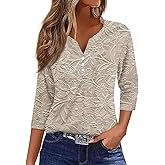 EKIYVO 3/4 Length Sleeve Womens Tops Henley Neck Casual Spring T Shirts