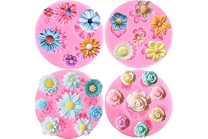 ZiXiang Rose Flower Silicone Molds Daisy Chrysanthemum Flower Fondant Mold For Cupcake Topper Candy Polymer Clay Chocolate Gum Paste Cake Decoration Set Of 4