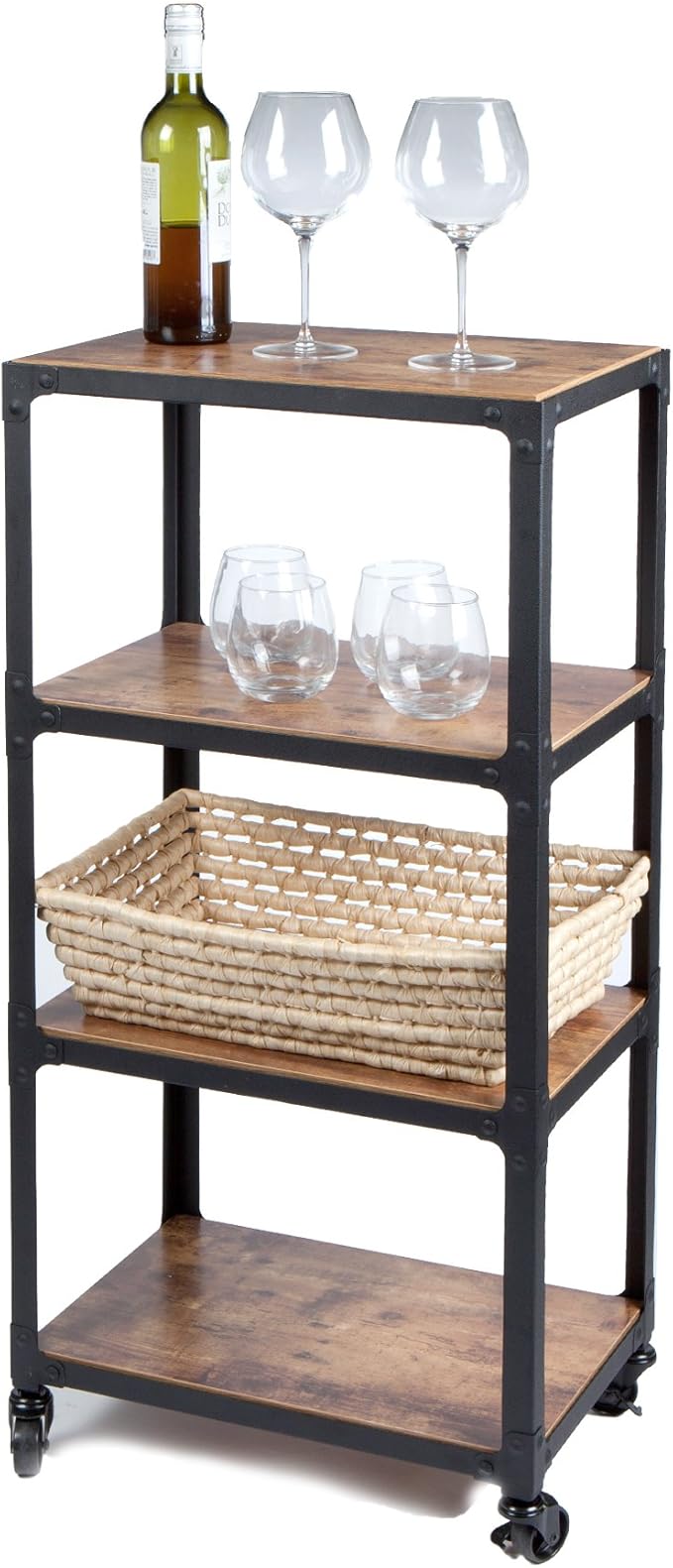 outdoor tea carts with wheels on Amazon Com Mind Reader 4 Tier All Purpose Utility Cart Wood Metal Black Brown Home Kitchen