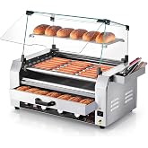 VEVOR Hot Dog Roller, 18 Hot Dog 7 Rollers, Stainless Steel Sausage Grill Cooker, 1200W Hot Dog Machine with Bun Warmer, Cover, 3 Temp Control, Side Storage Box, Oil Drip Tray, for Home &amp; Commercial