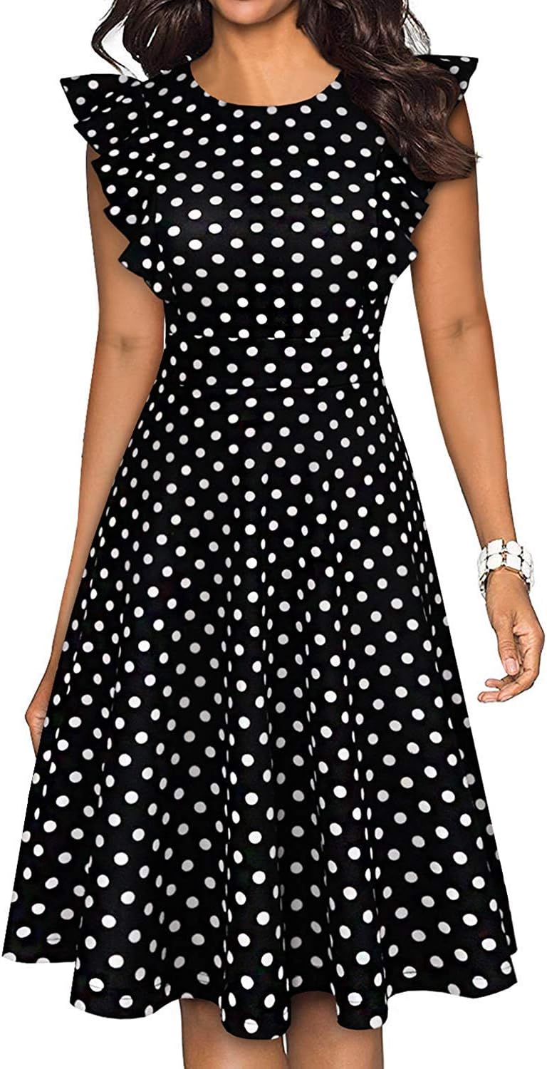 Women's Vintage Ruffle Floral Flared A Line Swing Casual Cocktail Party Dresses with Pockets