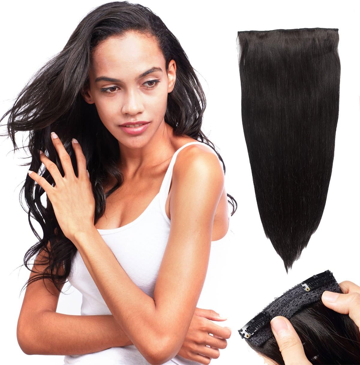 Human Hair Clip In Extensions - Amonssa 14” straight Remy Hair Clip in Hair Extensions for Women Christmas Party Triple Weft Natural Black #1B 7 Pieces 17 Clips 120Gram