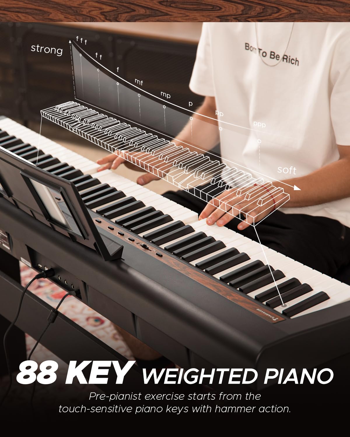 Starfavor SP-150W Digital Piano,88 Key Weighted Keyboard with Hammer Action,2x30W Speakers,200 Rhythms,238 Tones, Electric Piano Keyboard 88 Keys with Single Pedal, Wood Grain Pattern, MIDI/USB