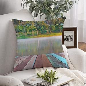 Amazon.com Pillow Case Wood Open Table Lake Fog On Blue 