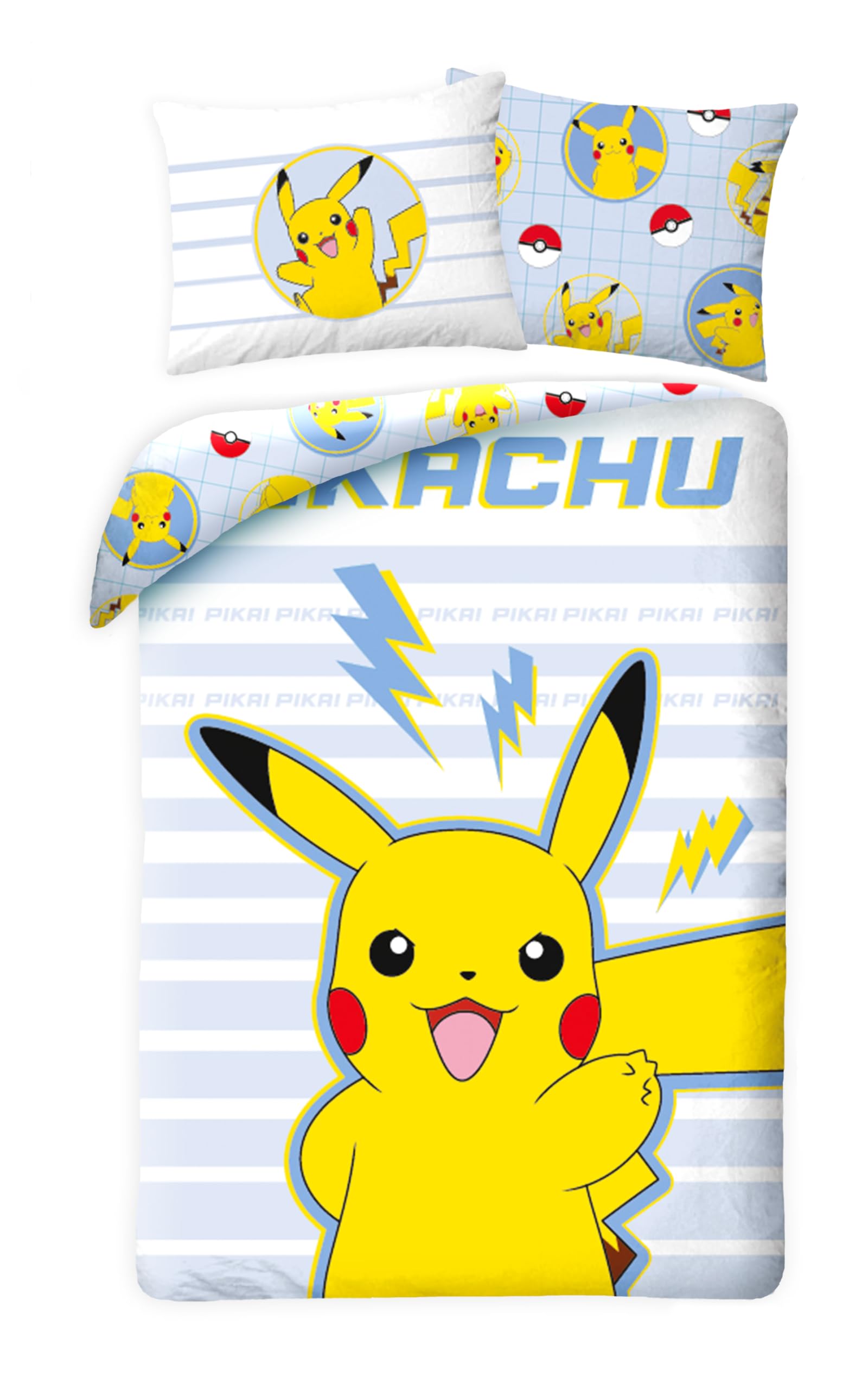 Halantex Pikachu Bedding Set, 100% Cotton, Reversible Pokemon Duvet Cover 140 x 200 cm + Pillowcase 65 x 65 cm