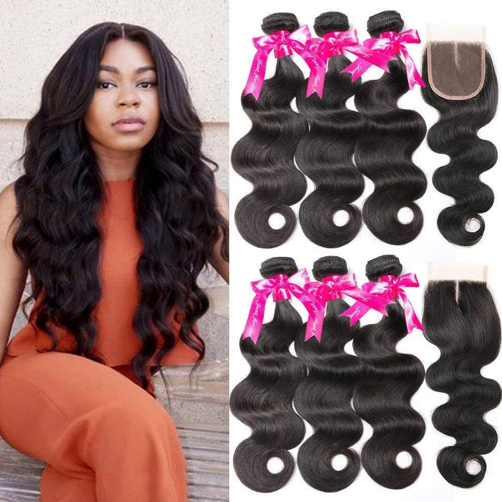 Beauty Princess Brazilian Body Wave with Closure 10A Brazilian Hair 3 Bundles with Middle Part Closure Natural Black Human Hair Bundles With Closure(22 24 26 with 20inch)