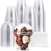 JOLLY CHEF 200 Sets 9 oz Clear Plastic Cups with Dome Lids, and Paper Lid Liners, Plastic Dessert Cups with lids for Parfait, Ice Cream, Snacks, Fruit, Pudding
