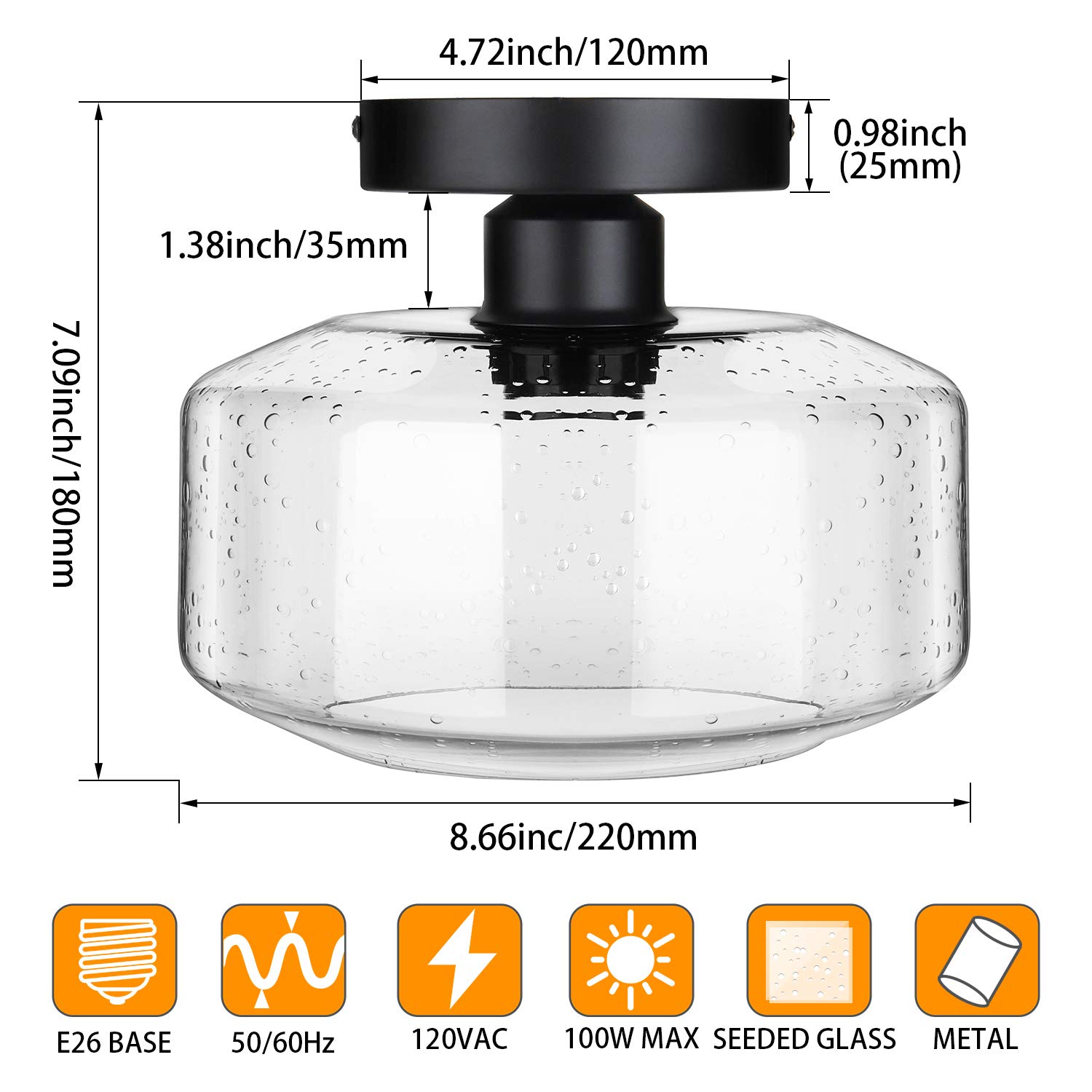 SunRider Industrial Semi-Flush Mount Ceiling Light Fixture, Modern Seeded Glass Pendant Lamp, Black Farmhouse Hanging Lighting for Bedroom Hallway