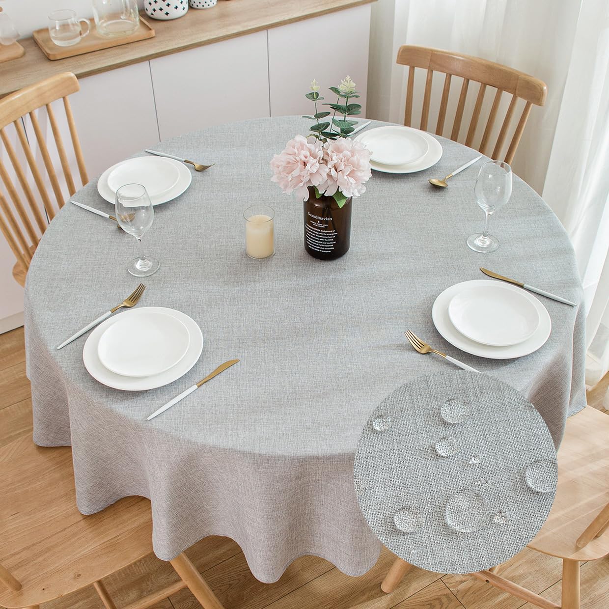 SPRICA Round Tablecloth 160cm Diameter Water Resistance Linen Texture Spill Proof Wipeable Table Cover Solid Colour Circle Cover, Light Grey — image 1
