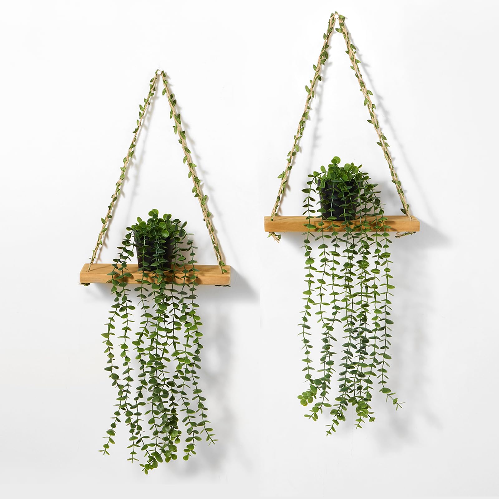 Photo 1 of Mokof 2 Pack Wooden Hanging Shelves with Artificial Eucalyptus Plants Wall Decor for Living Room, Bedroom, Bathroom - Fake Hanging Plant and Wood Wall Shelf Set for Boho Farmhouse Home Decor