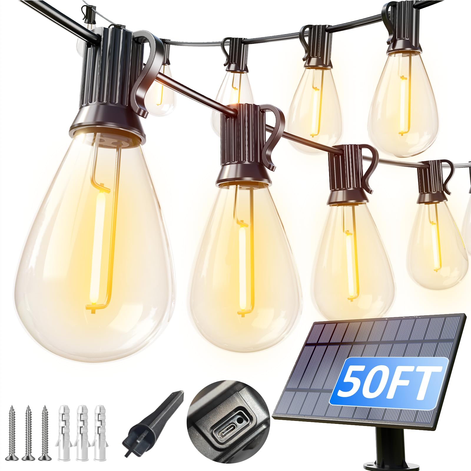 Sikitul 50FT Solar String Lights Outdoor Waterproof with 18+1 LED Bulbs Long Last for 20+Hrs, Commercial Grade Shatterproof USB Patio Solar Powered Lights for Camping，Backyard, Garden, Porch Decor