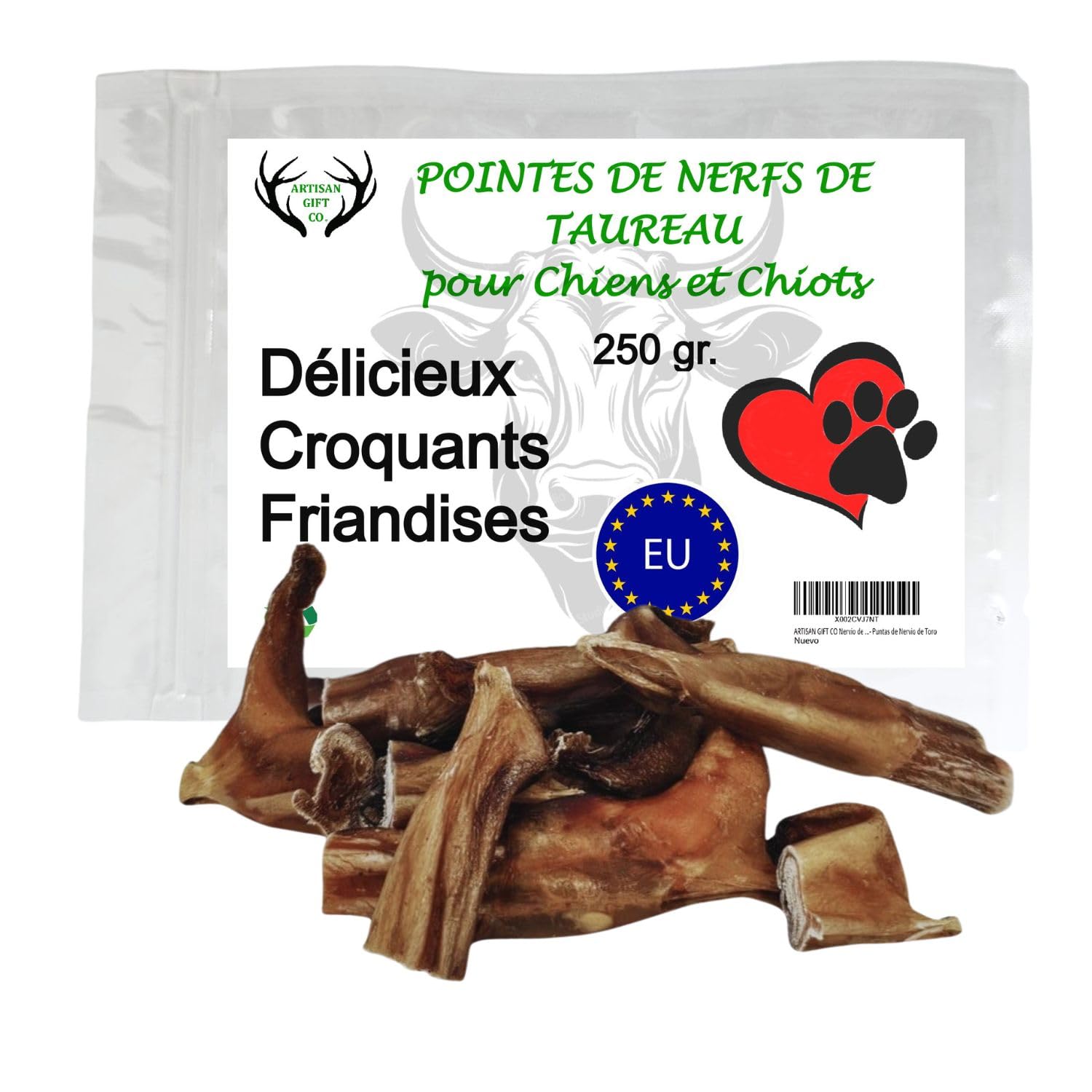 ARTISAN GIFT CO Nerf de Bœuf pour Chien - Friandises Naturelles pour Chiens - 100% Viande délicieuse séché, adaptées au régime Barf - Pointes de Nerf de Taureau - Pack Écpnomie 250 GR