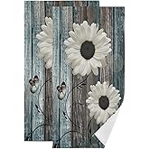 AIYOOLER Hand Towels for Bathroom Set of 2 Farmhouse Floral Rustic White Daisy Flower Teal Blue Wooden Plank Soft Absorbent Small Bath Towels Decorative Kitchen Guest Dish Towel for Gym,Spa 28x14in