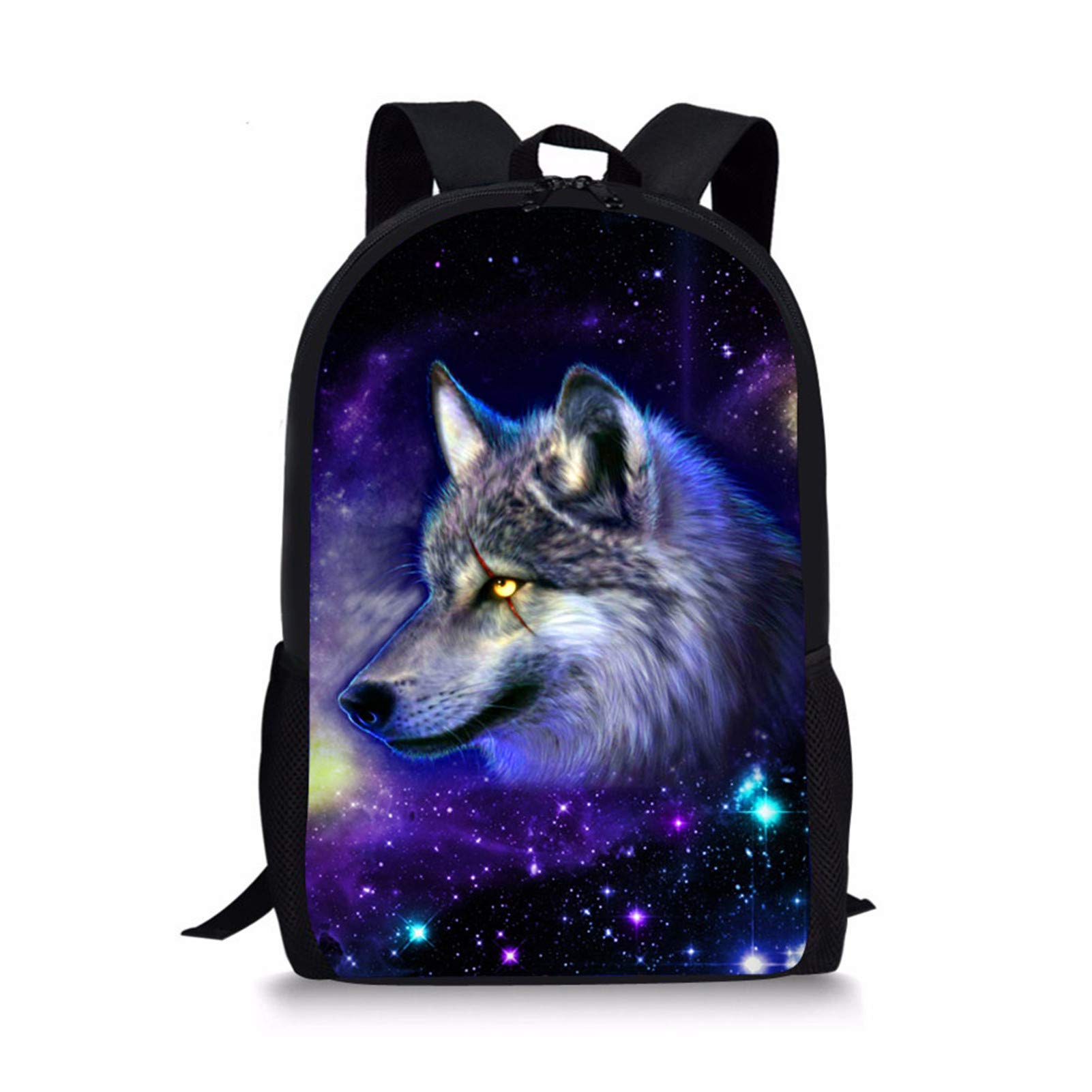 Showudesigns Kids Rucksack Unique Animal Wolf Backpack for School Boys Girls with Side Pocket Teenage Galaxy School Bags